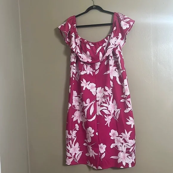 Lane Bryant Dress Sz 26 Sheath Pink Floral Print Off-Shoulder Feminine Fairy - Picture 4 of 8